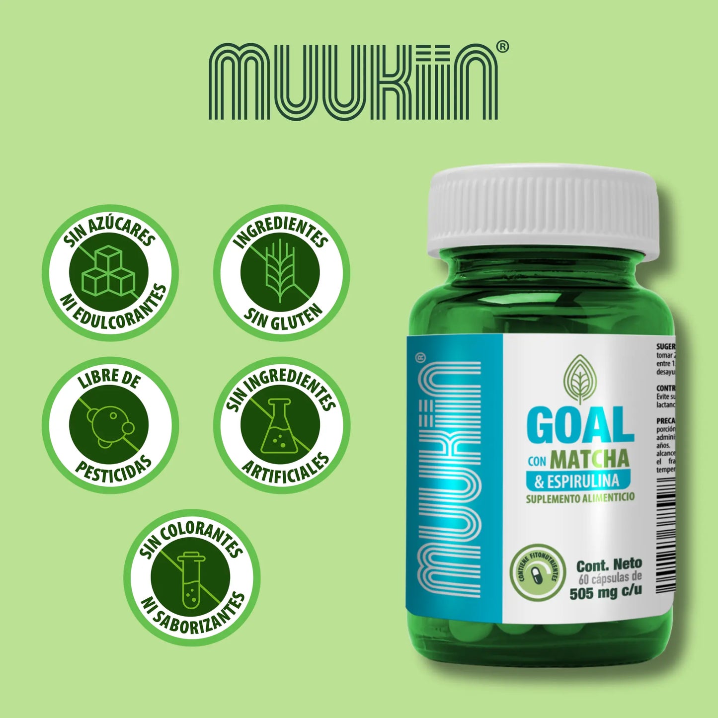Muukiin Goal suplemento Matcha y Alga Espirulina Muukiin